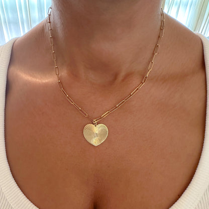 14K Gold Fluted Heart Medallion Charm Pendant, Large Size Heart