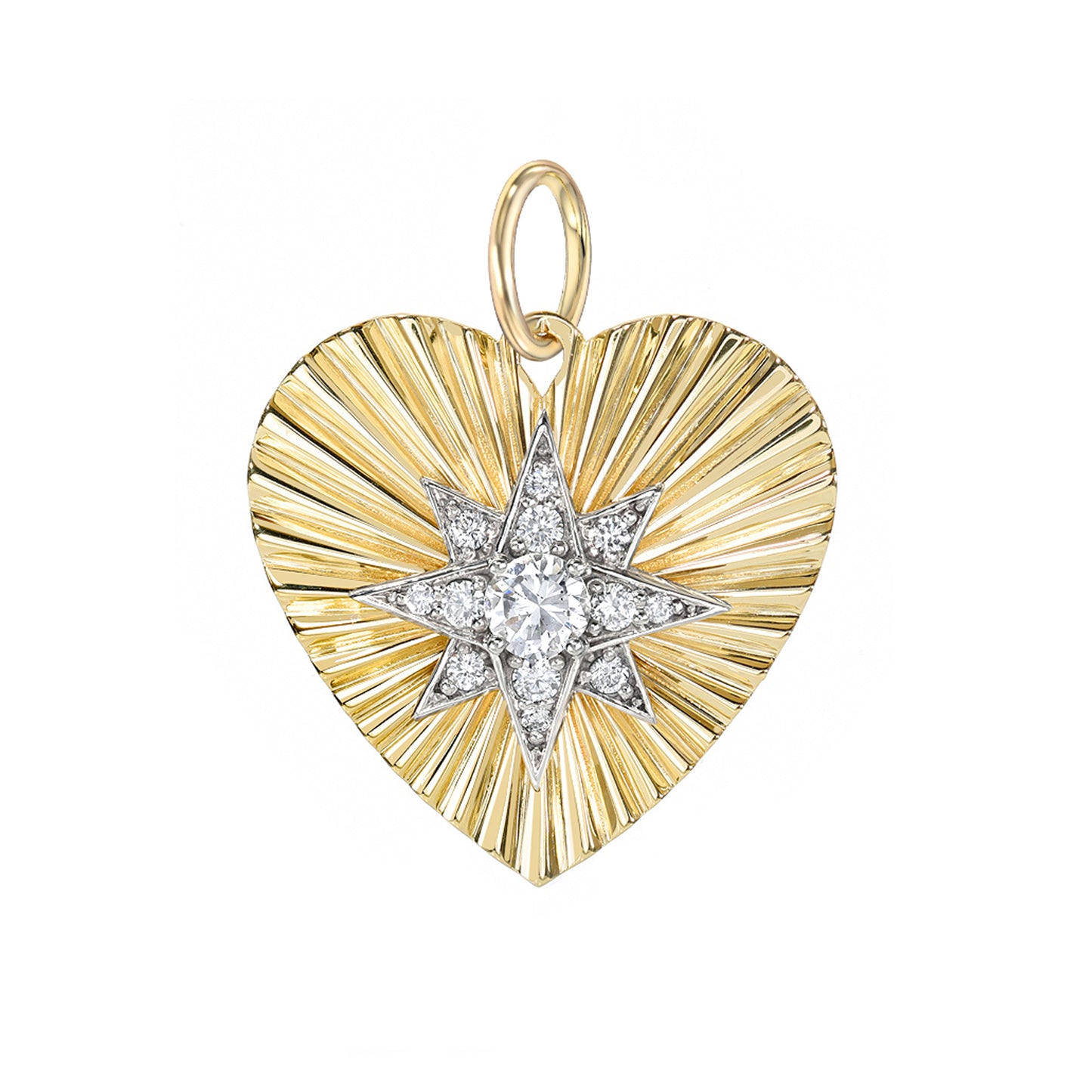 14K Gold Pavé Diamond Starburst Fluted Heart Medallion Pendant, Medium Size Heart