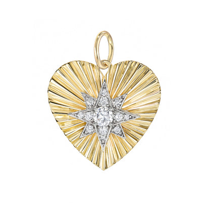 14K Gold Pavé Diamond Starburst Fluted Heart Medallion Pendant, Medium Size Heart