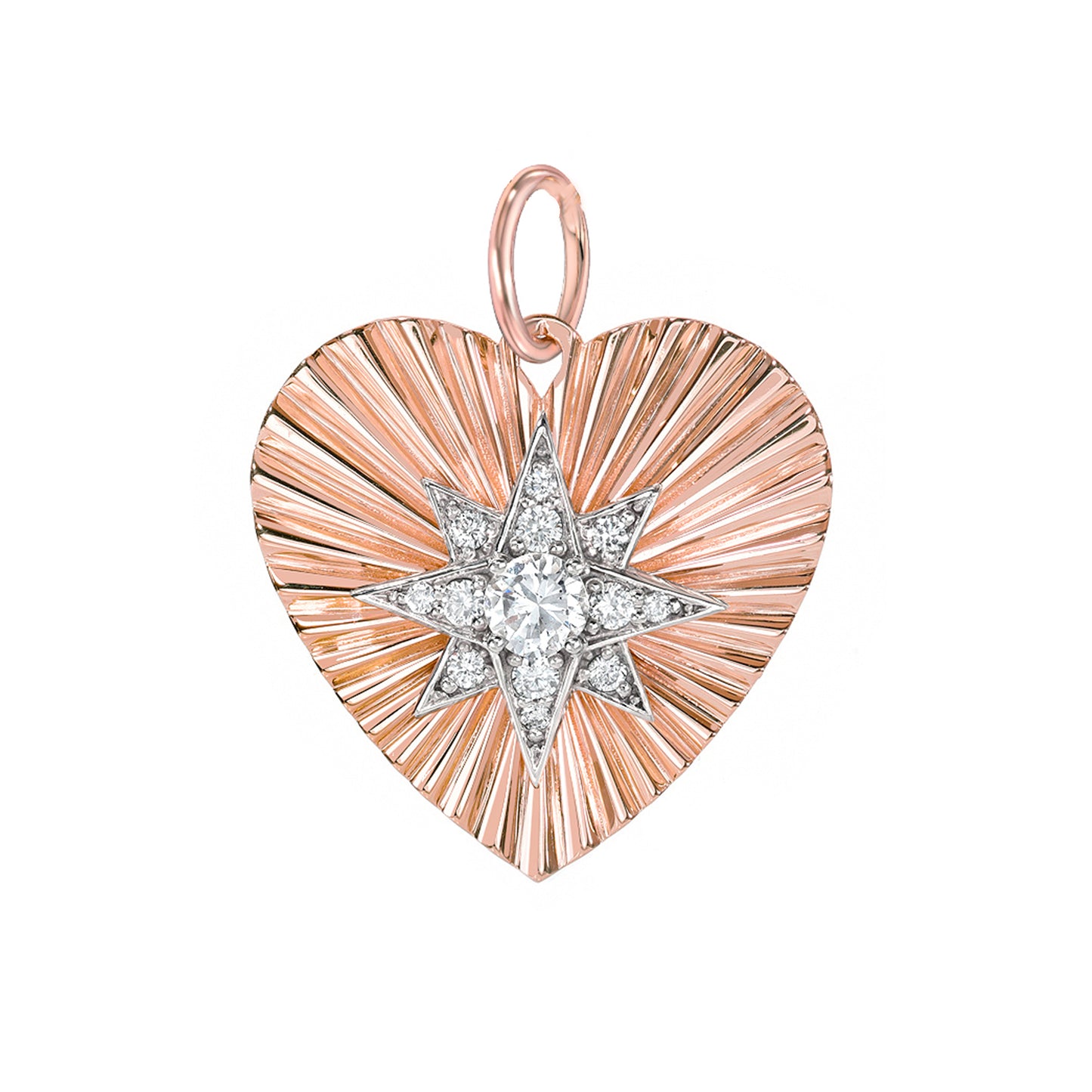 14K Gold Pavé Diamond Starburst Fluted Heart Medallion Pendant, Medium Size Heart