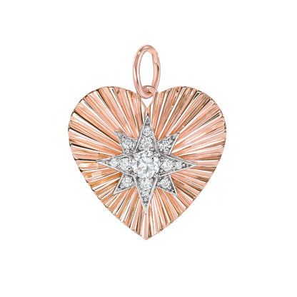 14K Gold Pavé Diamond Starburst Fluted Heart Medallion Pendant, Medium Size Heart