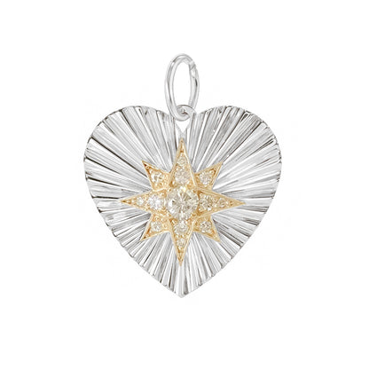 14K Gold Pavé Diamond Starburst Fluted Heart Medallion Pendant, Medium Size Heart