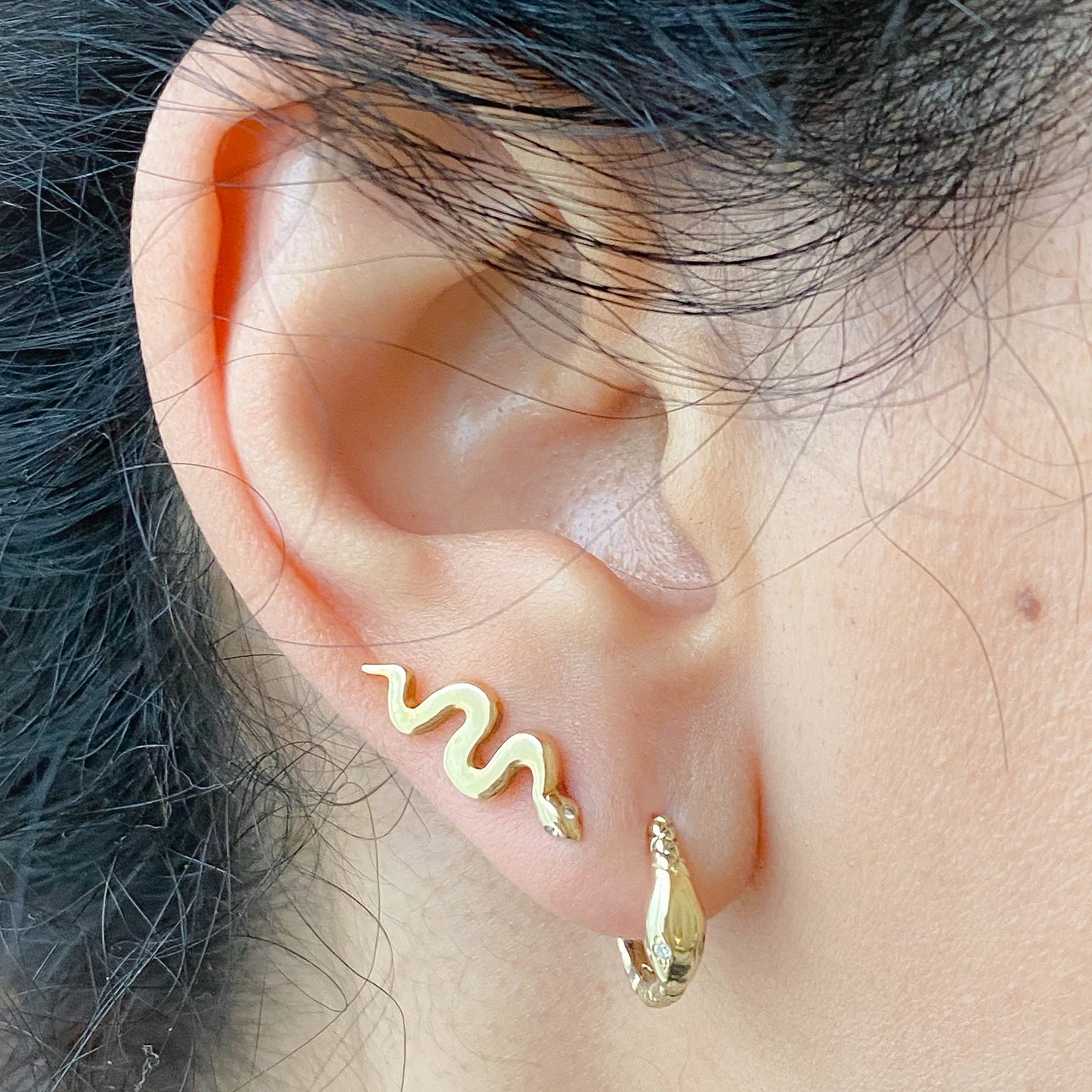 14K Gold Diamond Eye Swivel Snake Stud Earrings