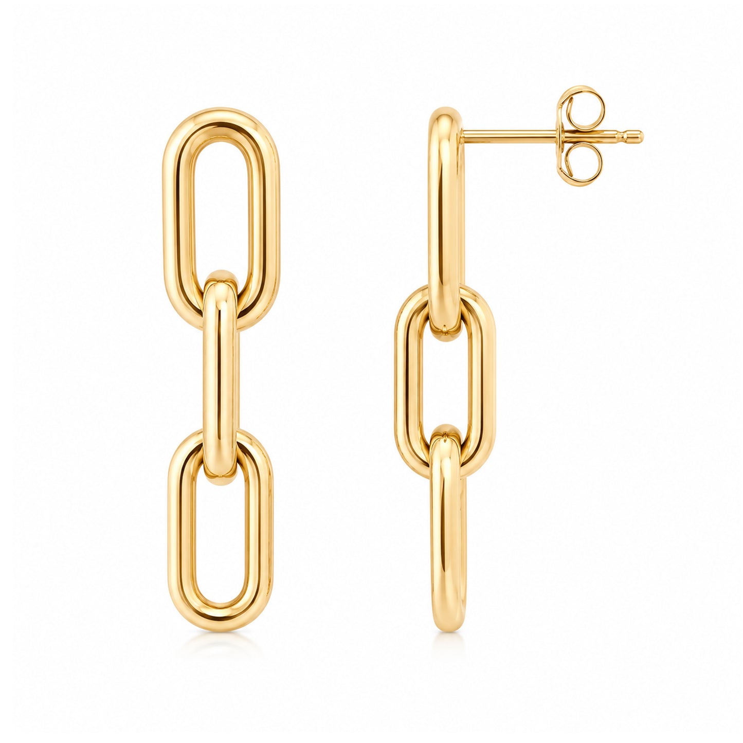 14K Gold Triple Thick Oval Link Chain Dangle Stud Earrings, Small Size Links