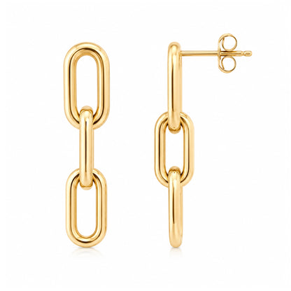 14K Gold Triple Thick Oval Link Chain Dangle Stud Earrings, Small Size Links