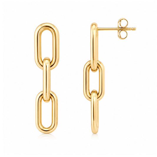 14K Gold Triple Thick Oval Link Chain Dangle Stud Earrings, Small Size Links