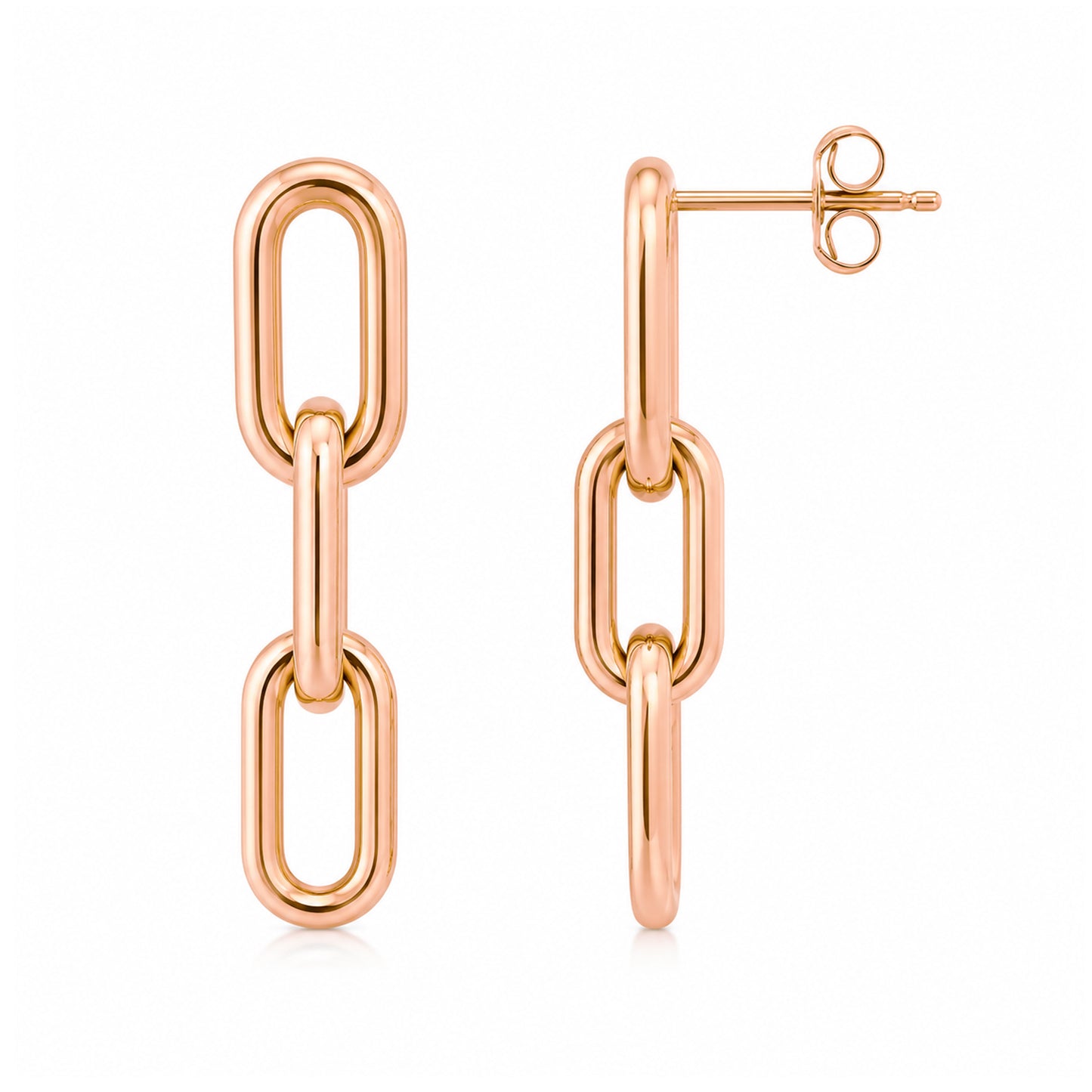 14K Gold Triple Thick Oval Link Chain Dangle Stud Earrings, Small Size Links