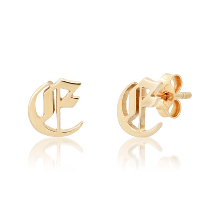 14K Gold Old English Alphabet Letter Initial Stud Earring