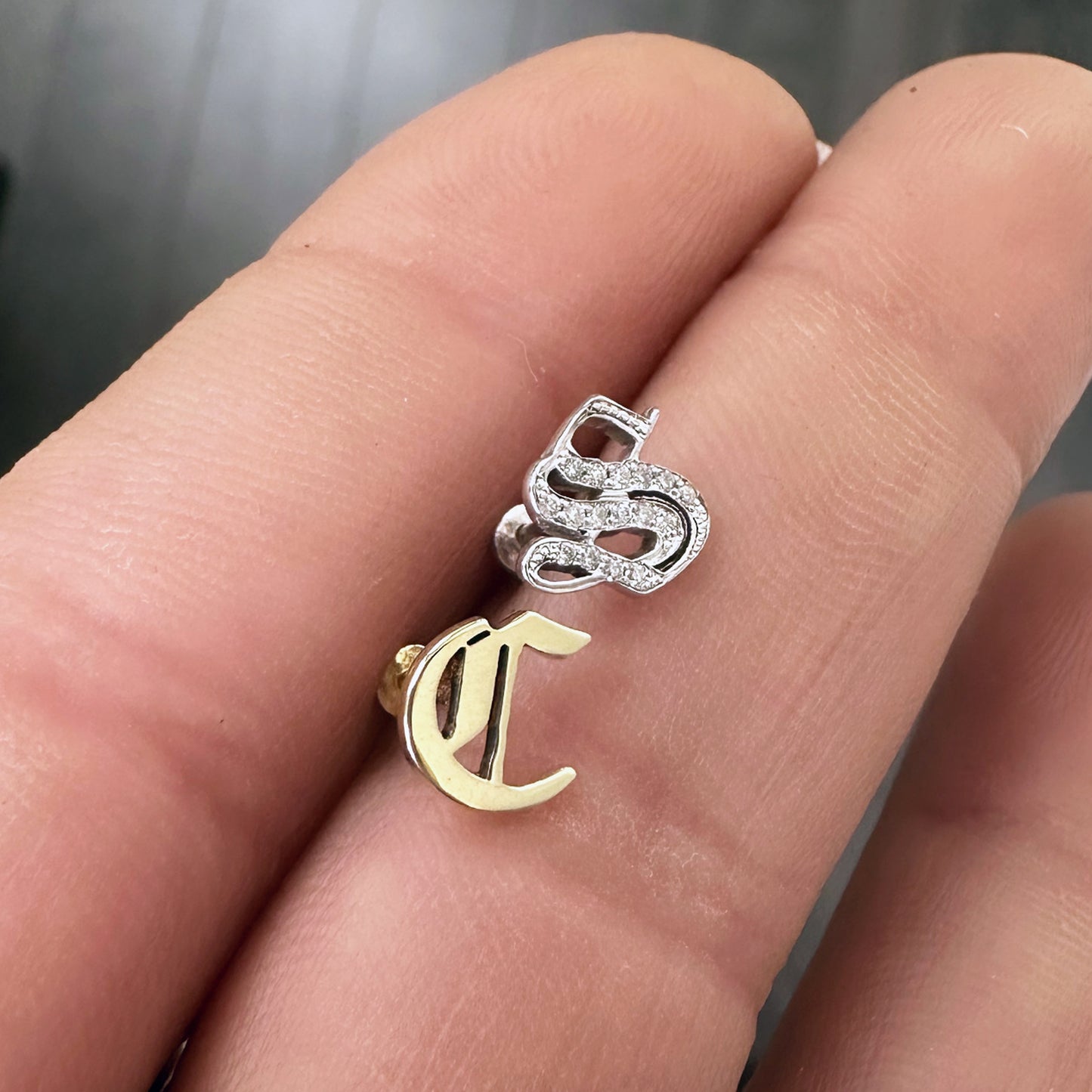 14K Gold Diamond Alphabet Letter Initial Single Stud Earring, Old English Font
