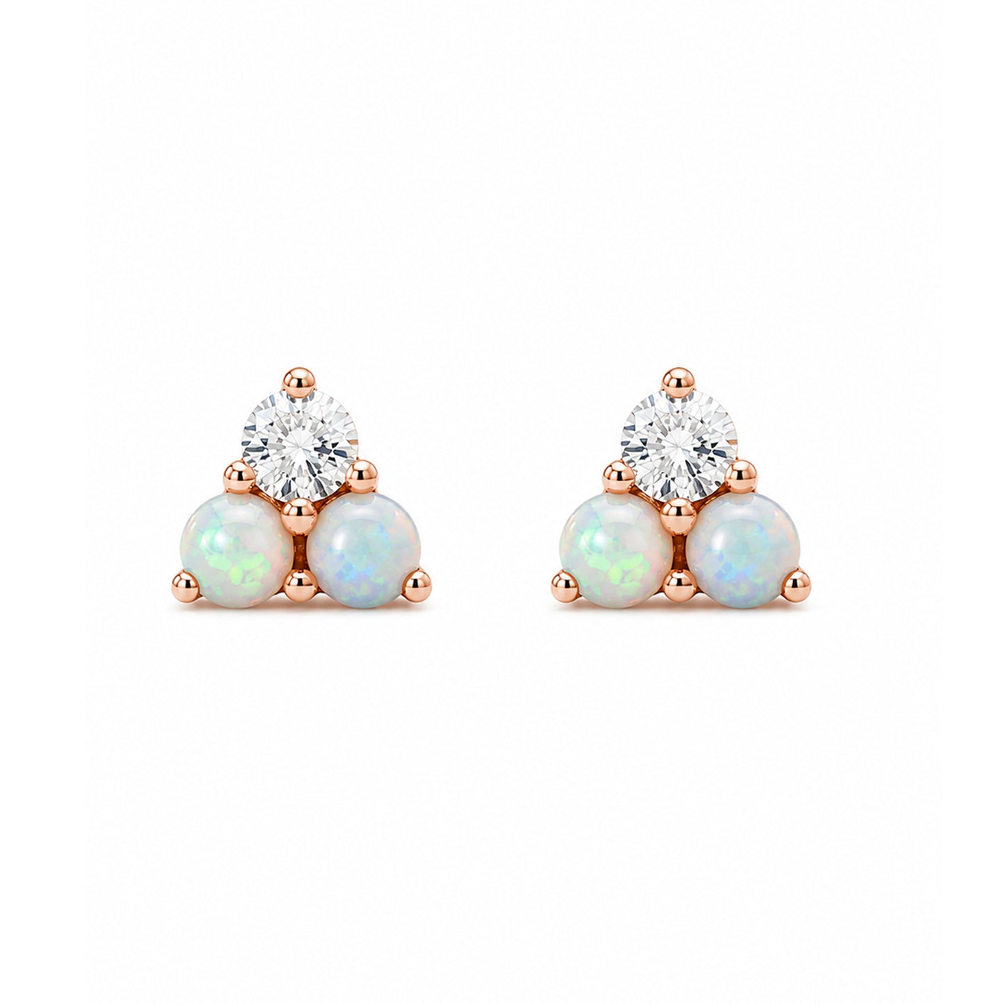 14K Gold Tri Opal & Diamond Trinity Cluster Stud Earrings