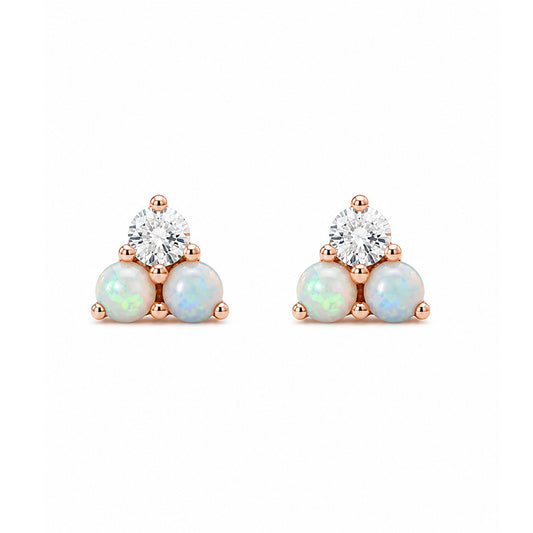 14K Gold Tri Opal & Diamond Trinity Cluster Stud Earrings