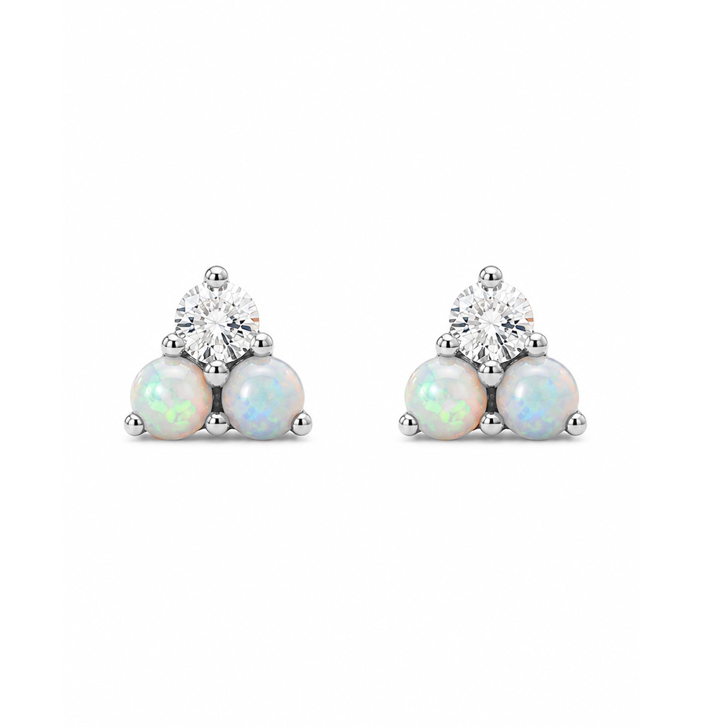 14K Gold Tri Opal & Diamond Trinity Cluster Stud Earrings