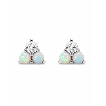 14K Gold Tri Opal & Diamond Trinity Cluster Stud Earrings
