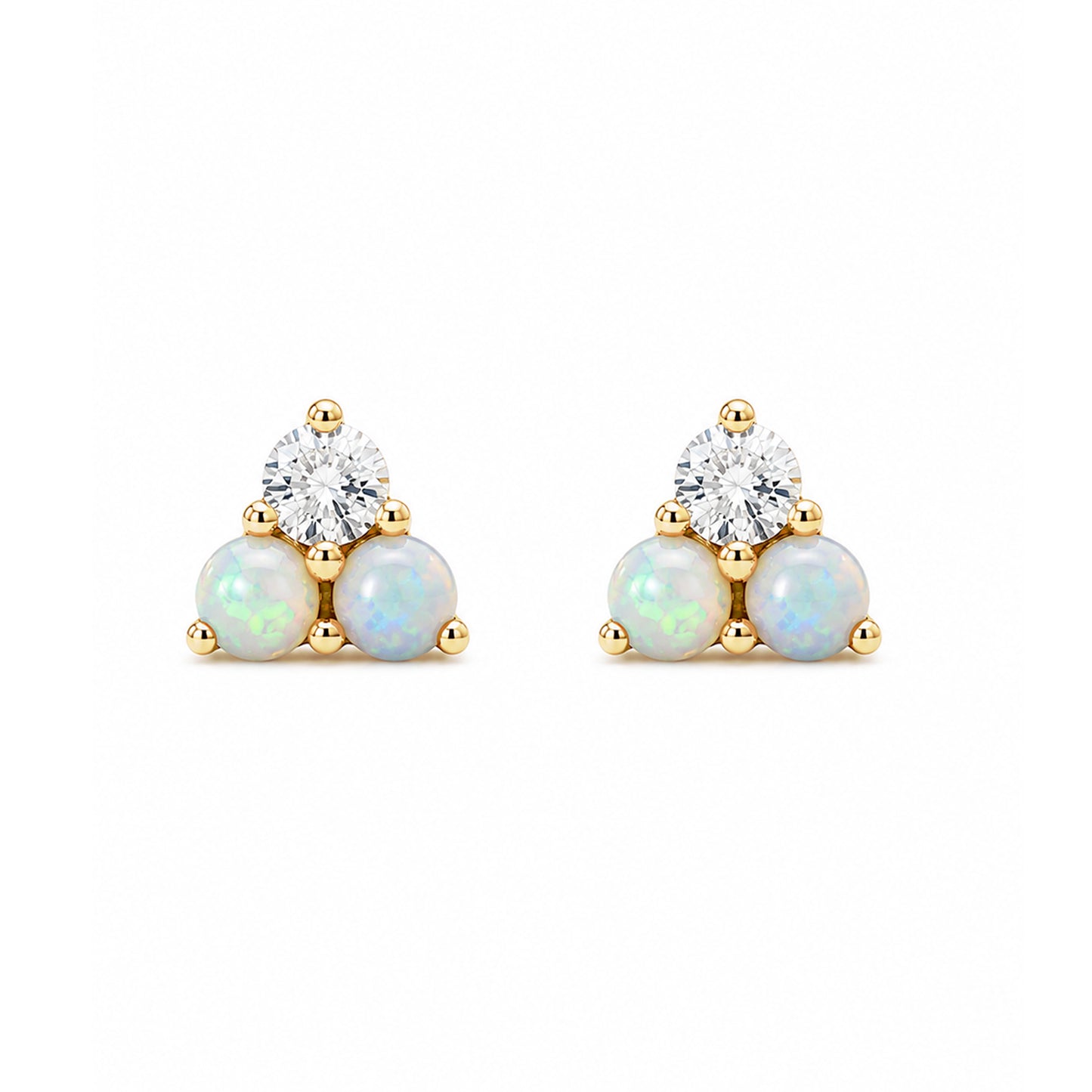 14K Gold Tri Opal & Diamond Trinity Cluster Stud Earrings