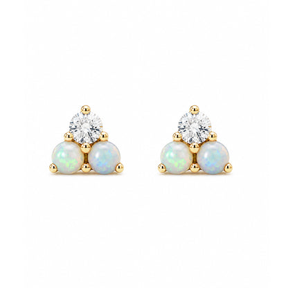 14K Gold Tri Opal & Diamond Trinity Cluster Stud Earrings