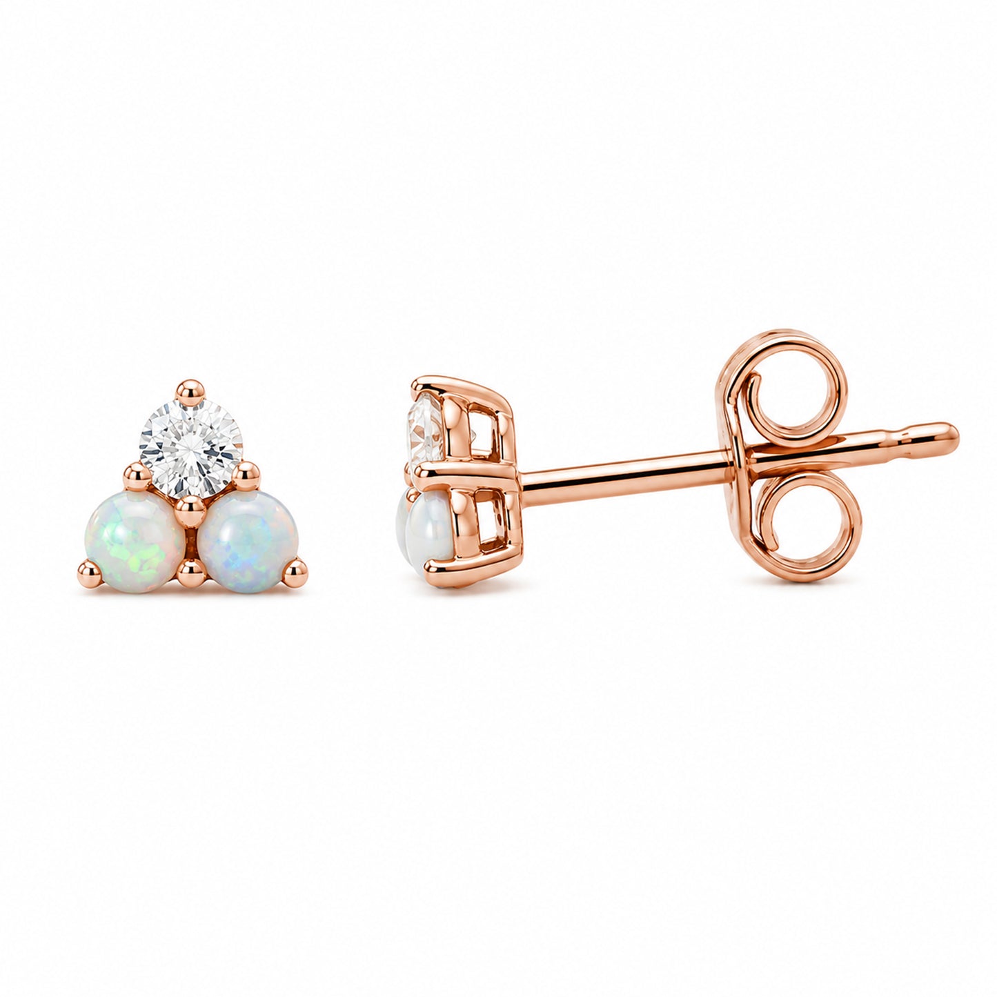 14K Gold Tri Opal & Diamond Trinity Cluster Stud Earrings