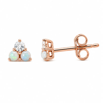 14K Gold Tri Opal & Diamond Trinity Cluster Stud Earrings