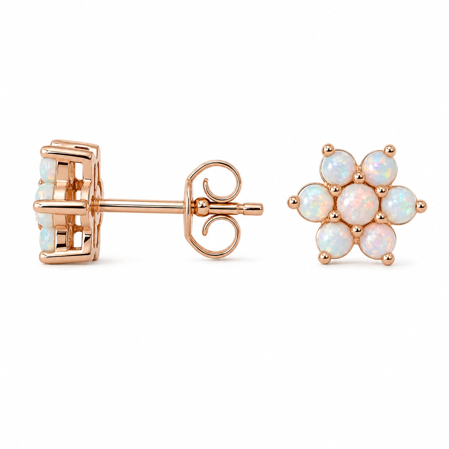 14K Gold Opal Rosebud Flower Stud Earrings