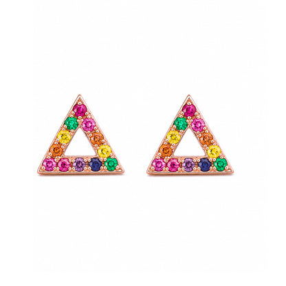 14K Gold Pavé Rainbow Gemstone Open Triangle Stud Earrings