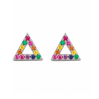 14K Gold Pavé Rainbow Gemstone Open Triangle Stud Earrings