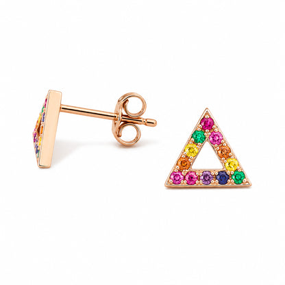 14K Gold Pavé Rainbow Gemstone Open Triangle Stud Earrings