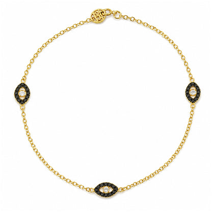 14K Gold Pavé Diamond & Black Diamond Triple Evil Eye Bracelet