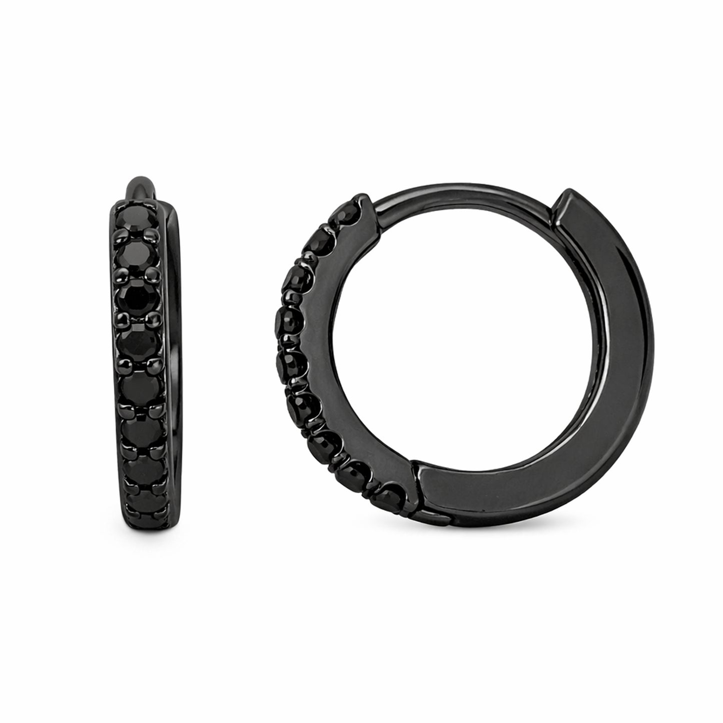 14K Gold Pavé Black Diamond Large Size (12mm) Huggie Hoop Earrings