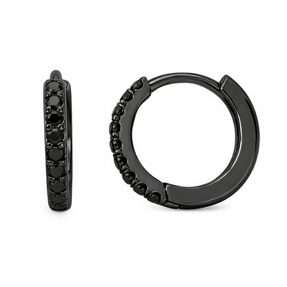 14K Gold Pavé Black Diamond Large Size (12mm) Huggie Hoop Earrings