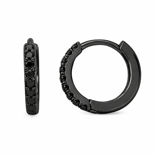 14K Gold Pavé Black Diamond Large Size (12mm) Huggie Hoop Earrings