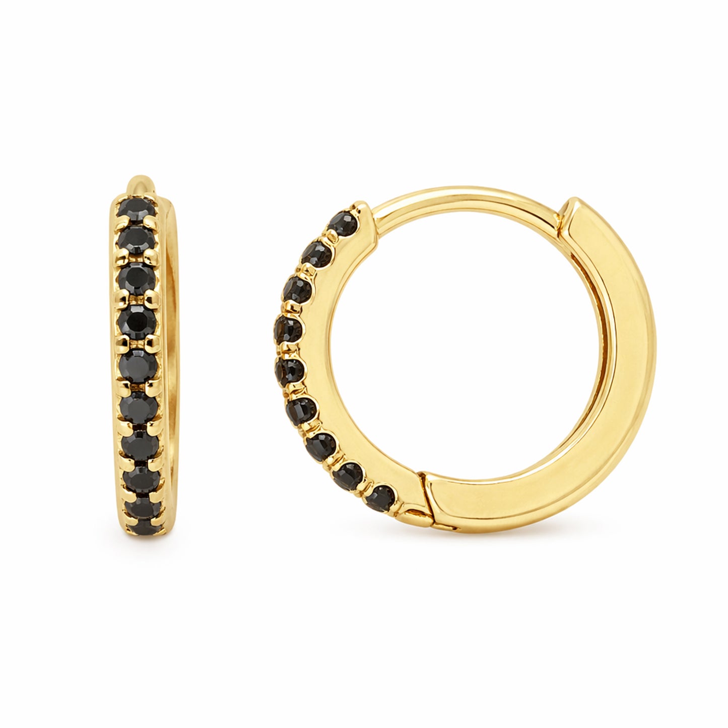 14K Gold Pavé Black Diamond Large Size (12mm) Huggie Hoop Earrings