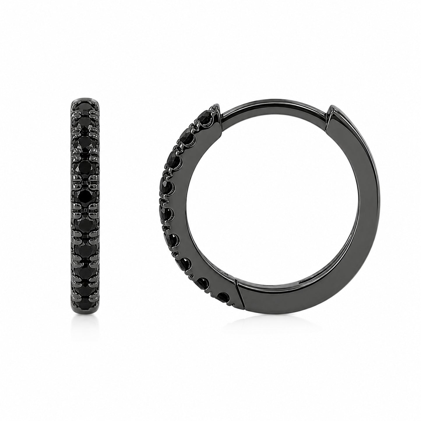 14K Gold Pavé Black Diamond Large Size (12mm) Huggie Hoop Earrings