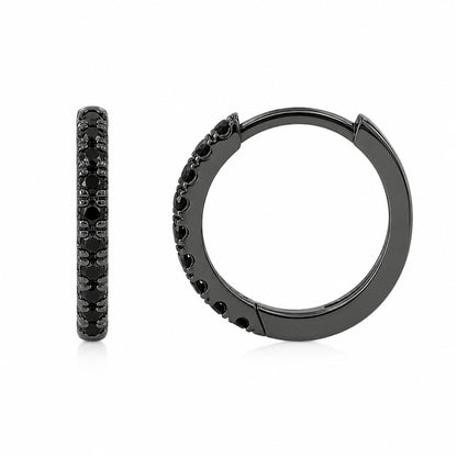 14K Gold Pavé Black Diamond Large Size (12mm) Huggie Hoop Earrings
