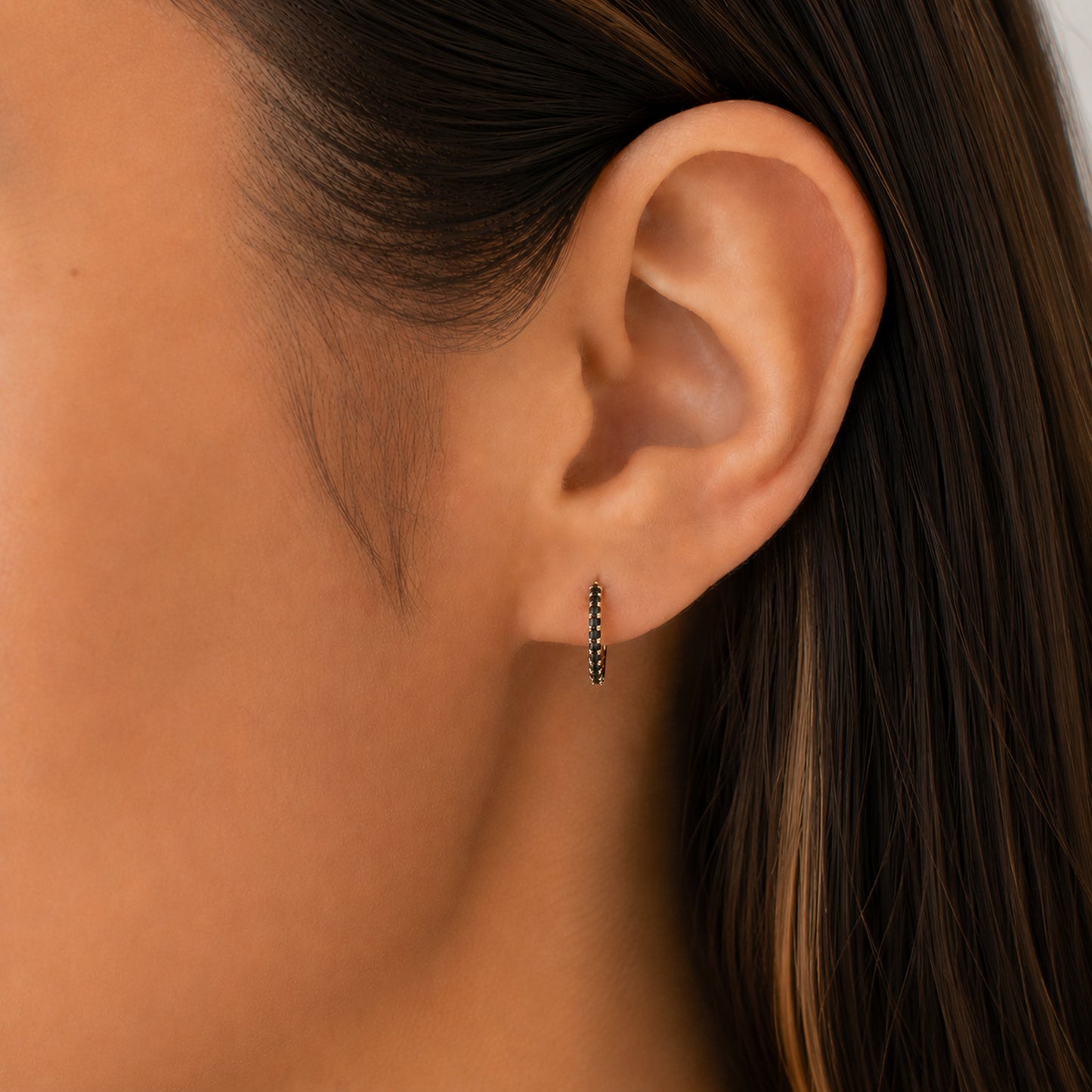 14K Gold Pavé Black Diamond Large Size (12mm) Huggie Hoop Earrings