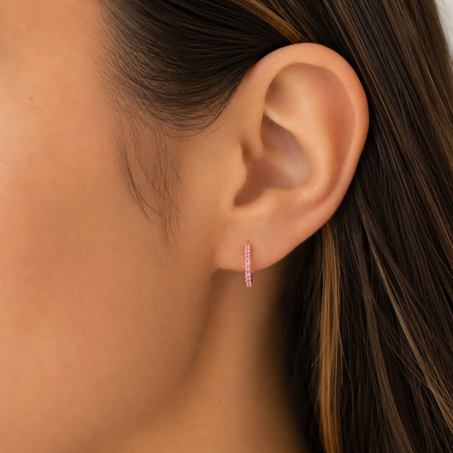 14K Gold Pavé Pink Sapphire Large Size (12mm) Huggie Hoop Earrings