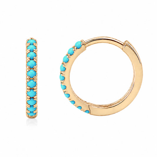 14K Gold Pavé Turquoise Large Size (12mm) Huggie Hoop Earrings