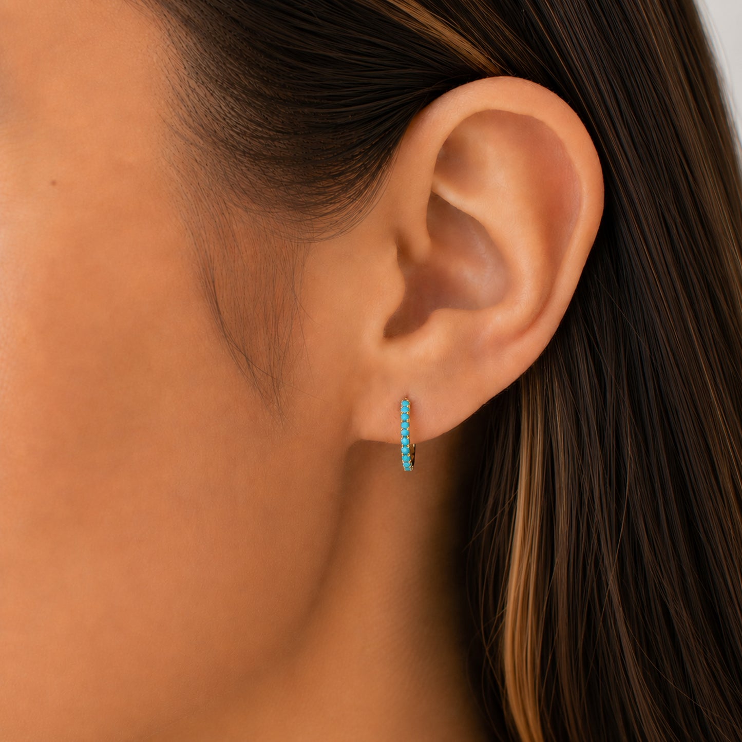 14K Gold Pavé Turquoise Large Size (12mm) Huggie Hoop Earrings