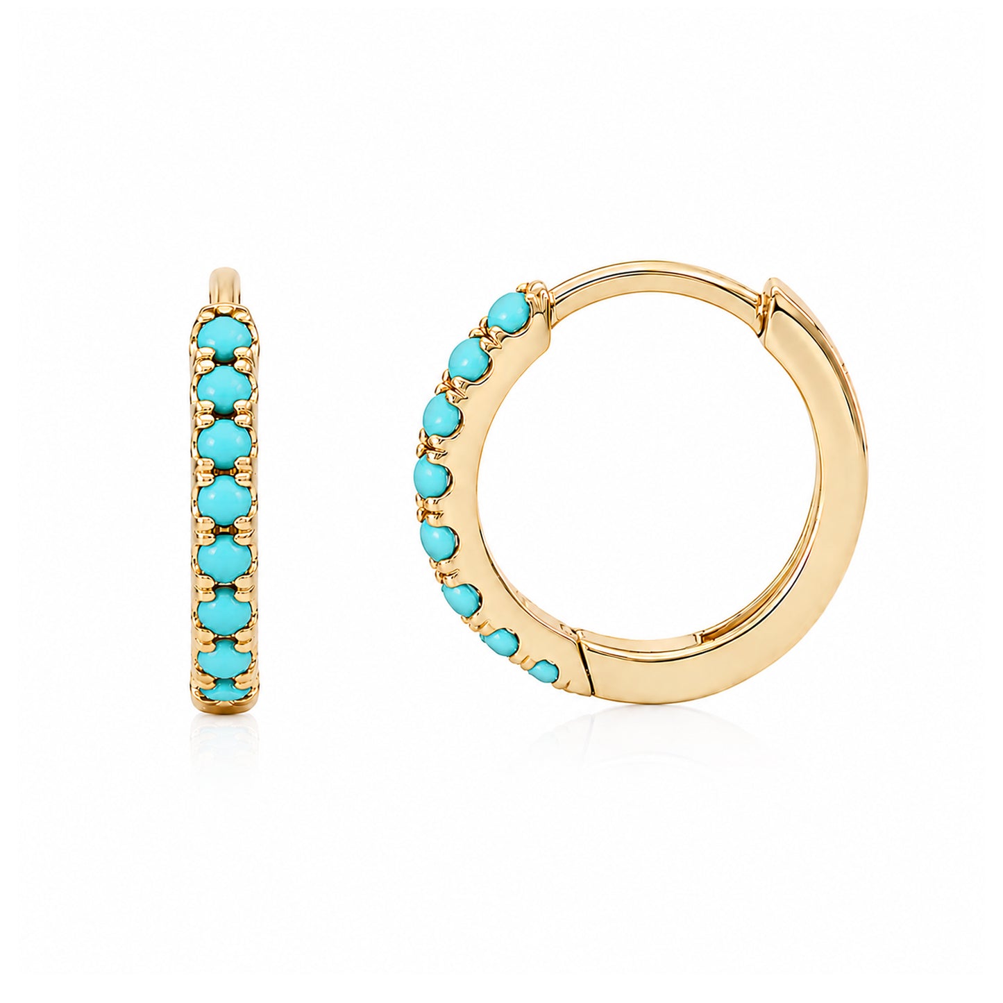 14K Gold Pavé Turquoise Medium Size (10mm) Huggie Hoop Earrings