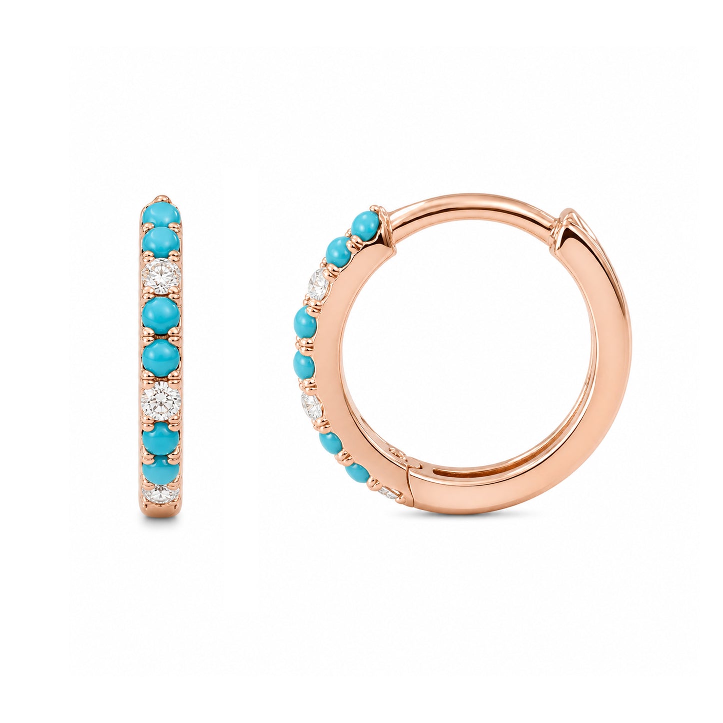 14K Gold Pavé Diamond & Turquoise Huggie Hoop Earrings ~ ALL SIZES