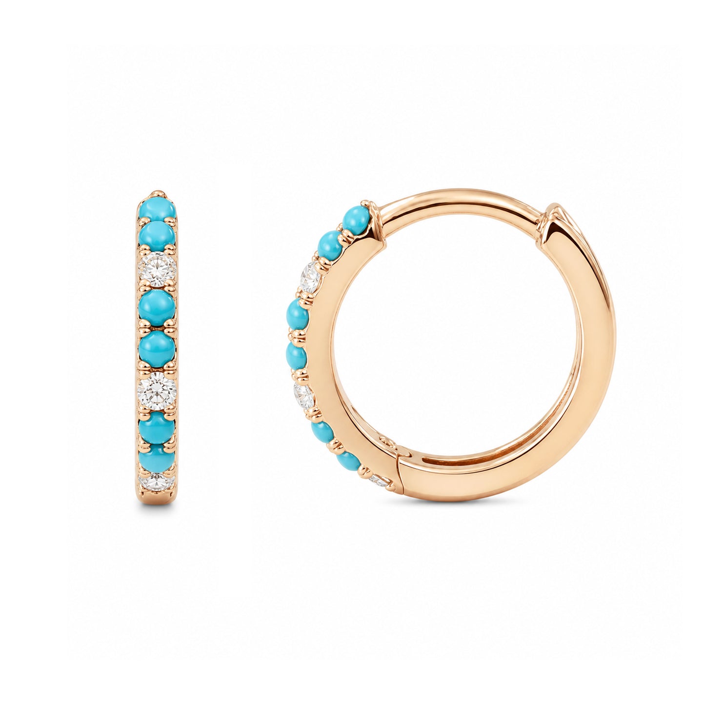 14K Gold Pavé Diamond & Turquoise Huggie Hoop Earrings ~ ALL SIZES