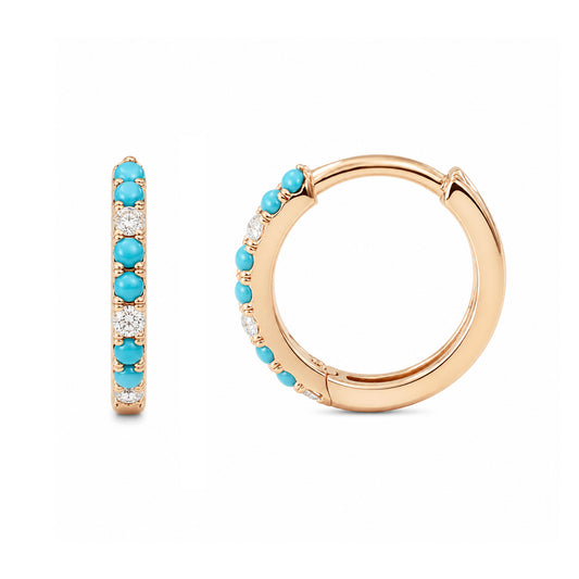 14K Gold Pavé Diamond & Turquoise Huggie Hoop Earrings ~ ALL SIZES