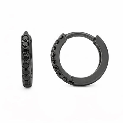 14K Gold Pavé Black Diamond Medium Size (10mm) Huggie Hoop Earrings