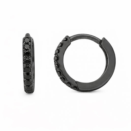 14K Gold Pavé Black Diamond Medium Size (10mm) Huggie Hoop Earrings