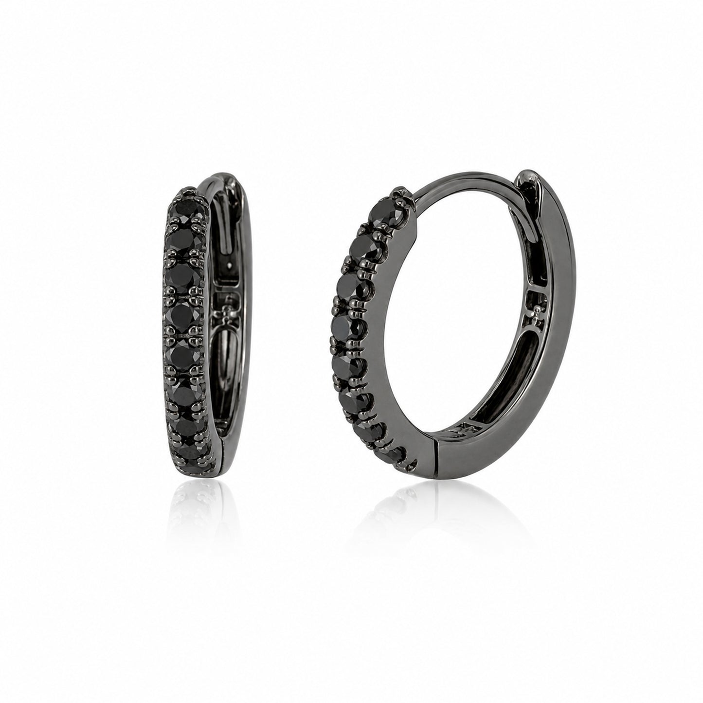 14K Gold Pavé Black Diamond Small Size (9mm) Huggie Hoop Earrings