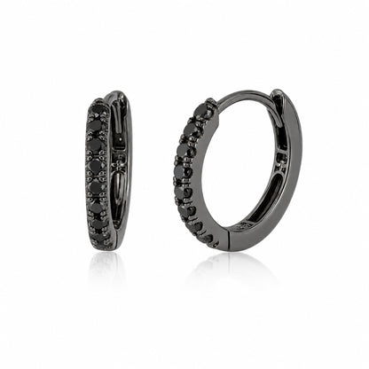 14K Gold Pavé Black Diamond Small Size (9mm) Huggie Hoop Earrings