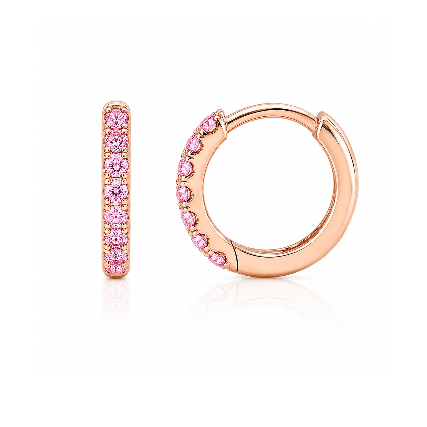 14K Gold Pavé Pink Sapphire Small Size (9mm) Huggie Hoop Earrings