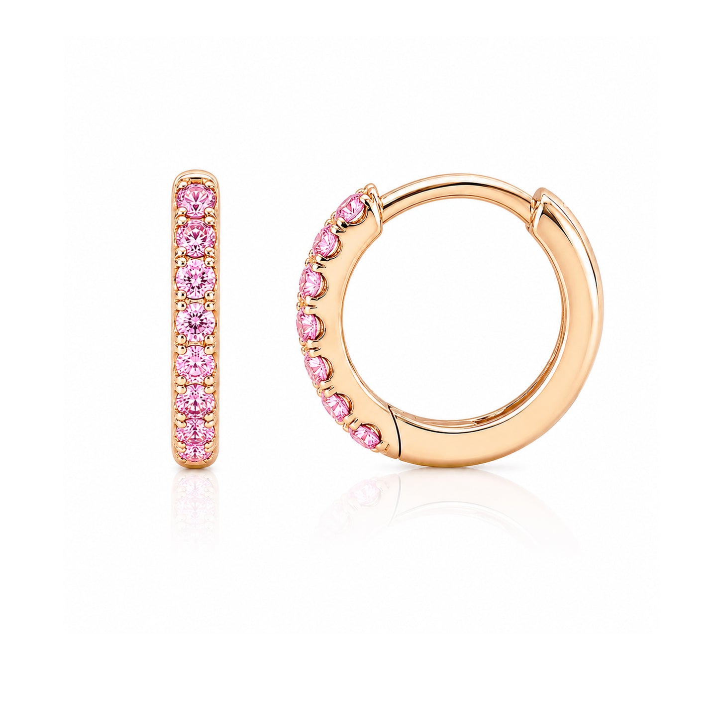 14K Gold Pavé Pink Sapphire Small Size (9mm) Huggie Hoop Earrings