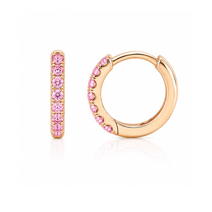 14K Gold Pavé Pink Sapphire Small Size (9mm) Huggie Hoop Earrings