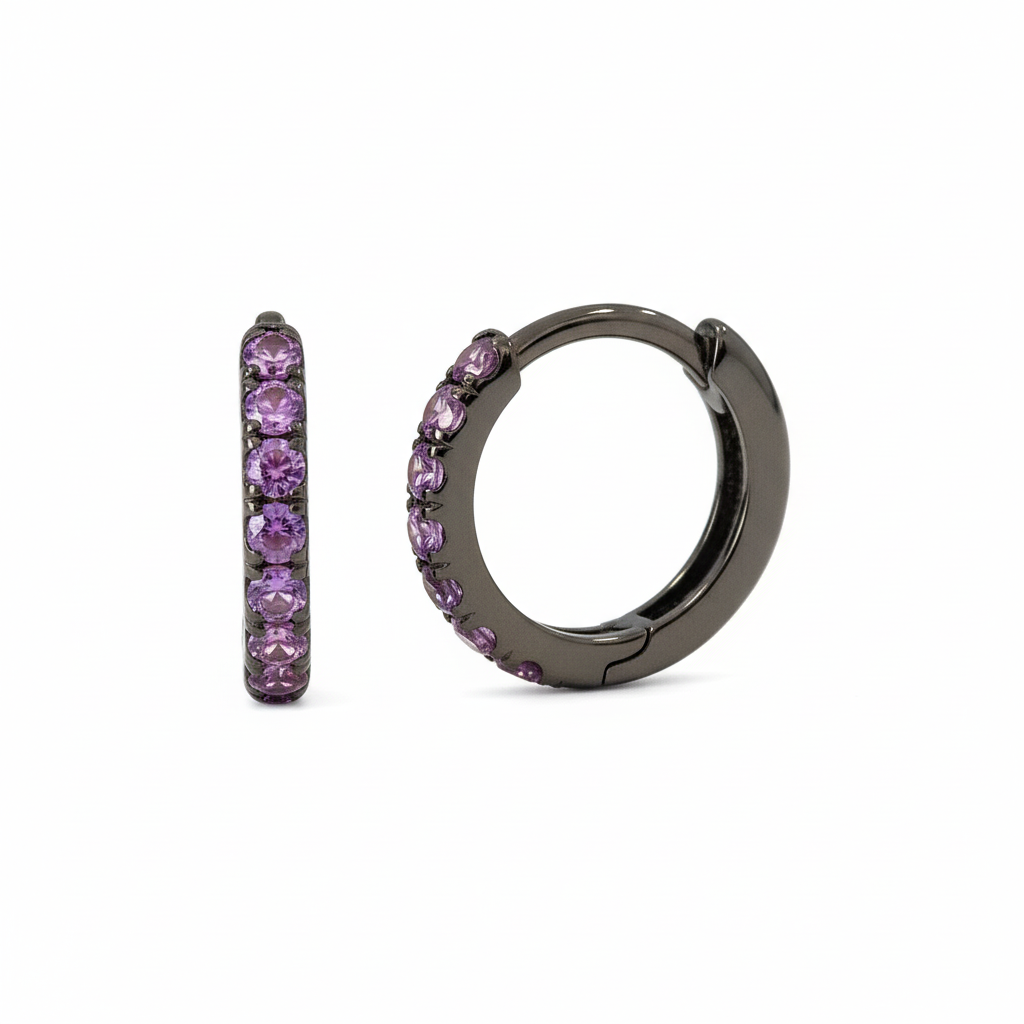 14K Gold Pavé Purple Sapphire Small Size (9mm) Huggie Hoop Earrings