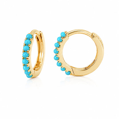 14K Gold Pavé Turquoise Small Size (9mm) Huggie Hoop Earrings