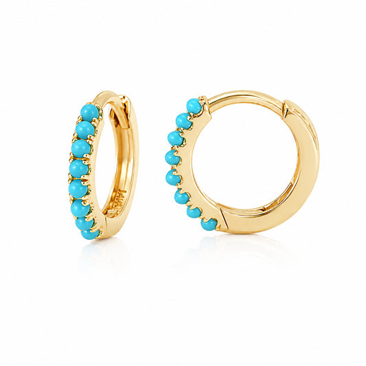 14K Gold Pavé Turquoise Small Size (9mm) Huggie Hoop Earrings
